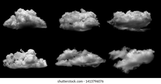 Collections Of Separate White Clouds On A Black Background Have Real Clouds. White Cloud Isolated On A Black Background Realistic Cloud. White Fluffy Cumulus Cloud Isolated Cutout On Black Background