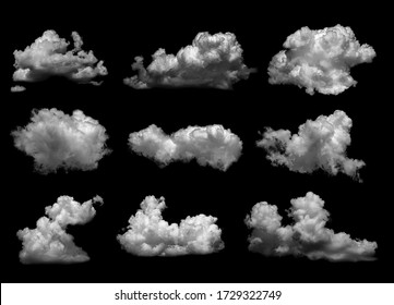 Collections Of Separate White Clouds On A Black Background Have Real Clouds. White Cloud Isolated On A Black Background Realistic Cloud. White Fluffy Cumulus Cloud Isolated Cutout On Black Background