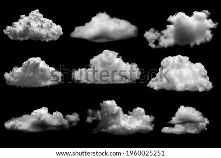 Collections of separate white clouds on a black background have real clouds. White cloud isolated on a black background realistic cloud. white fluffy cumulus cloud isolated cutout on black background