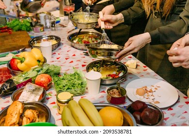 Collective Cooking Salad Food In The Kitchen Eggs Canned Food Tomato Pepper Fish
