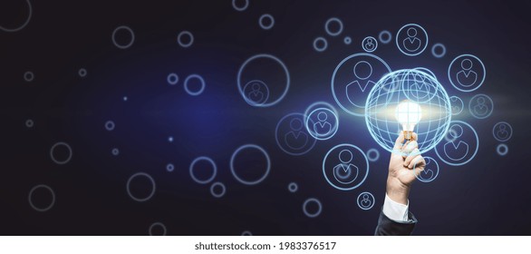 Collective raise money for new idea concept with bright light bulb in businessman hand on abstract dark wallpaper with digital human figures signs. Mockup
