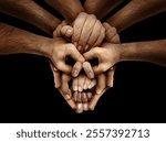 Collective Responsability concept as diverse hands shaped as a symbol of human destruction as environmental damage or military conflict as a symbol of morality life and death as a skull.