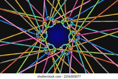 Collective Unity and Group cohesion concept and teamwork as a business metaphor for joining a team as diverse groups of ropes connected together as a corporate symbol for cooperation.