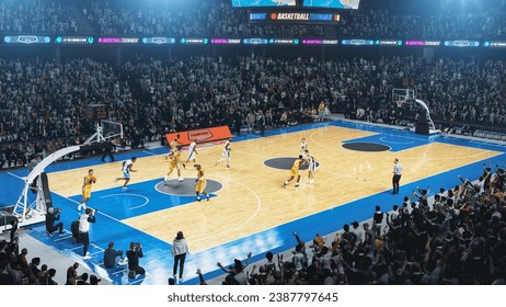 College Basketball Playoffs: Basketballers Passing and Dribbling Past Rival Team, Talented Players Score Goals. Live Television and Internet Broadcast on Sports Channel. High Angle Footage - Powered by Shutterstock