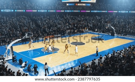 College Basketball Playoffs: Basketballers Passing and Dribbling Past Rival Team, Talented Players Score Goals. Live TV and Internet Broadcast on Sports Channel. High Angle Footage