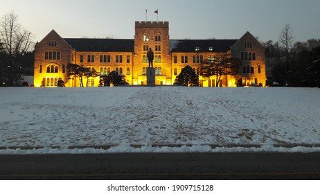 The College Campus At Winter Night With Light