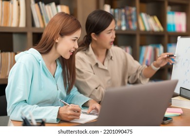 College Education Concept, Female Tutor Pointing Math Equations On Whiteboard To Teaching Student.