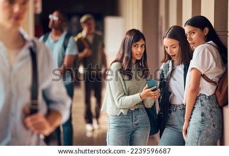 College friends, phone and gossip or fake news about students on social media, internet and mobile app with teenager group talking. Smartphone bullying post of male and female people at university