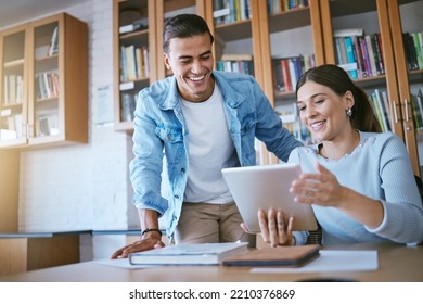 College friends, students and library tablet research connect for campus, knowledge and 5g educational learning. Happy man, young woman and university study group planning digital tech project ideas - Powered by Shutterstock