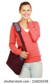 A College Girl Holding A Bag , Isolated On White Background