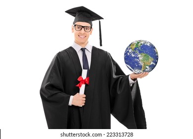 College Graduate Holding A Diploma And The World Isolated On White Background, Earth Image In Public Domain And Furnished By NASA