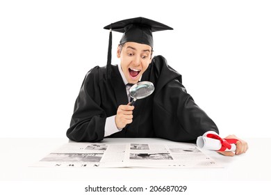 College Graduate Searching For Job In Newspaper Isolated On White Background