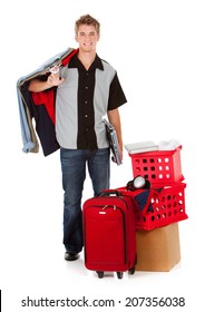 College: Male College Student With Dorm Room Items