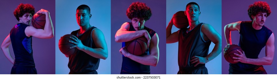 College. Muscular young men, basketball players posing with ball isolated on blue purple background in neon light. Concept of sport, movement, energy and dynamic, healthy lifestyle. - Powered by Shutterstock