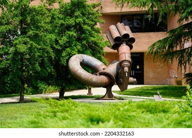 College Park, Maryland - USA - May 13, 2019: Metal Moderne Art Sculpture Exposed On The Campus Of University Of Maryland (UMD, Nocturne By A. Dunnill).