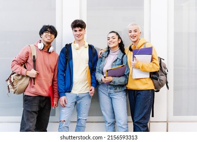 College Student Friends In The Campus. Students Ready To Start Academic Classes Of Their University Degree