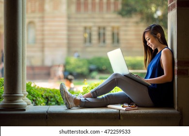 College Student Studying On Campus Outdoor With Laptop Casual Lifestyle