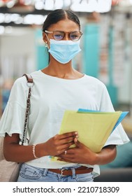 College Student, Woman And Covid Face Mask For University, Education And Learning. Portrait Of Young Campus Female Safety In Corona Virus Pandemic, Flu Bacteria Or Health Safety While Studying School