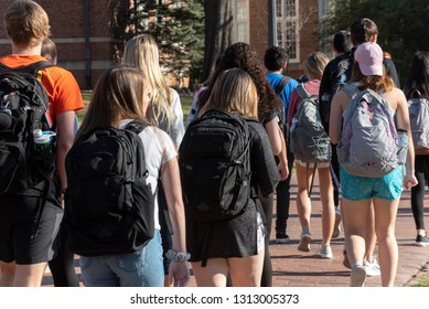 College Students Walk Across Campus Between Classes.