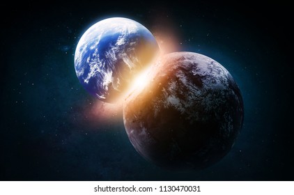 Collide of the Earth and exoplanet in the space. Explosion and flash. Born of the star. Elements of this image furnished by NASA - Powered by Shutterstock