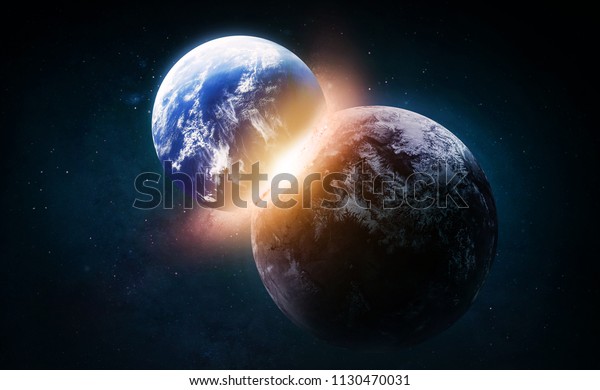 Collide of the Earth and exoplanet in the space.\
Explosion and flash. Born of the star. Elements of this image\
furnished by NASA