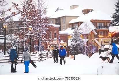 COLLINGWOOD, ON, CANADA - DECEMBER 27, 2017: Blue Mountain Village in snowy winter day, Ontario, Canada
