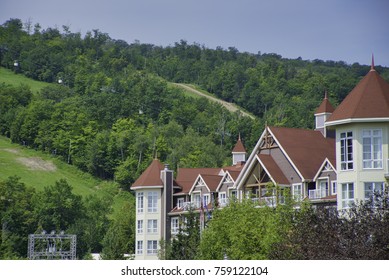 COLLINGWOOD, ON, CANADA - JULY 20, 2017: View of lodging and shops at Blue Mountain Village, Ontario's only four season mountain resort.