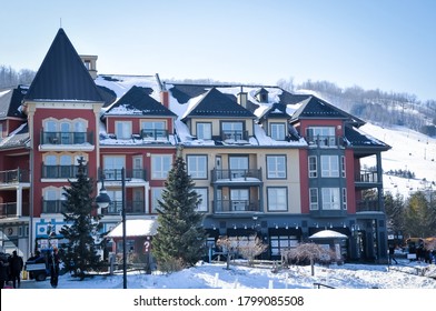 Collingwood, Ontario, Canada - February 23, 2020: Building covered with snow in Blue Mountains Village.