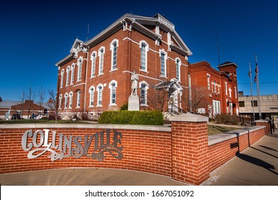 Collinsville, IL—Mar 7, 2020; Stainless Steel Sign Marks Seat Of Historic Brick City Hall Government Building In Small Town In Southern Illinois With Civil War Memorial