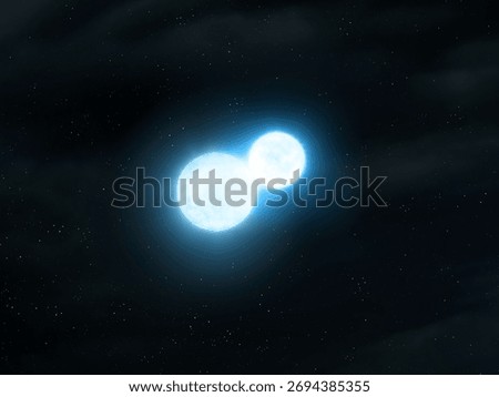 Collision of two white dwarfs in space. Merger of supermassive compact stars on a black background. Binary star.