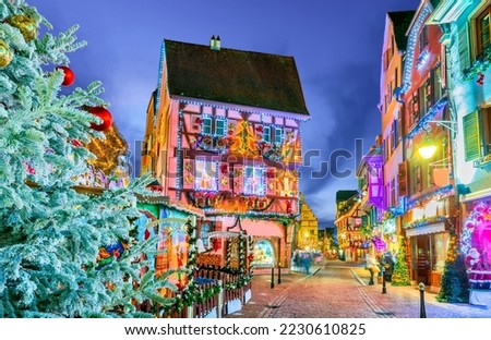 Colmar, Alsace. Marche de Noel is famous alsacian Christmas Market with gingerbread houses and local craftsmen, beautiful Europe.