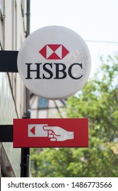 Colmar - France - 24 August 2019 - Closeup Of HSBC Sign On Bank Agency Building In The Street 