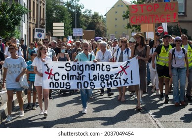 Colmar - France - 4 September 2021 - view of people protesting in the street against the sanitary pass  