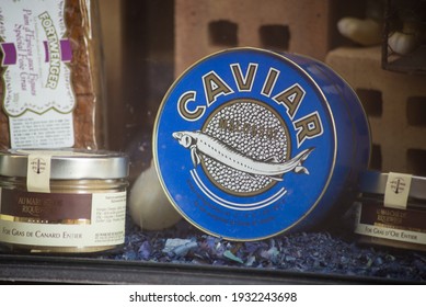 Colmar - France - 7 March 2021 - Closeup Of Metalllic Box Of Caviar By The Brand Malossoi  In A Luxury Grocery Showroom