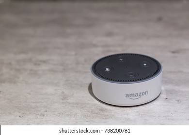 COLNE: October 20, 2017: Amazon Echo, Alexa Voice Recognition Device, Photograph Taken With Area For Text