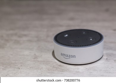 COLNE: October 20, 2017: Amazon Echo, Alexa voice recognition device, photograph taken with area for text