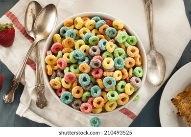 Coloful Fruit Cereal Loops In A Bowl