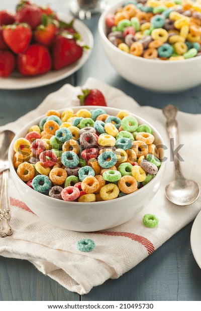 Coloful Fruit Cereal Loops In A Bowl