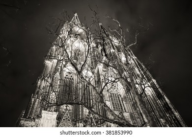 Cologne Cathedral On A Winter Night In Black And White