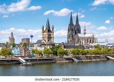 Cologne city skyline in summer with view of Cologne Cathedral and Rhine River, North Rhine-Westphalia, Germany
