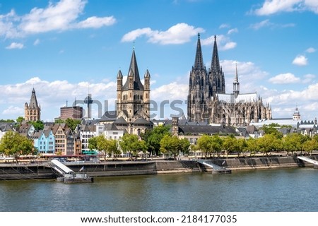 Cologne city skyline in summer with view of Cologne Cathedral and Rhine River, North Rhine-Westphalia, Germany
