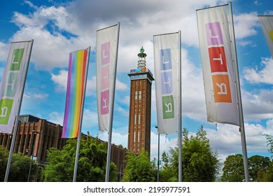 Cologne (Deutz Rheinhallen), Germany - July 9. 2022: German RTL Television Group Headquarter, Blue Summer Sky With Fluffy Clouds 