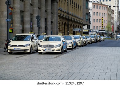 COLOGNE, GERMANY - APRIL 17,2018:  German Taxi Cab Rank Queue, Mercedes Benz And Volkswagen Are Most Popular Vehicle Used As A Taxi In Germany.