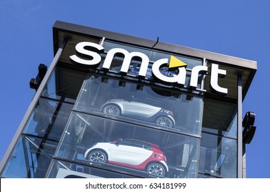 COLOGNE, GERMANY - April 30, 2017: Smart Tower Against Blue Sky. Smart Is A German Automotive Company And Division Of Daimler AG.