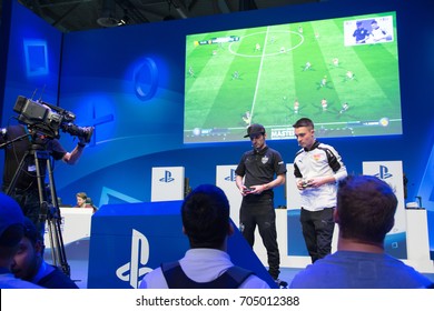 Cologne, Germany - August 26, 2017 - Professional Gamer Playing Fifa 18