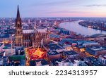 Cologne Germany Christmas market, aerial drone view over Cologne rhine river Germany Cathedral during Christmas