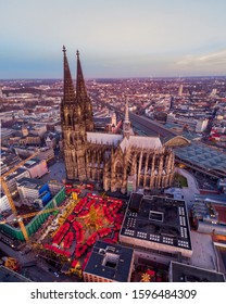 Cologne Germany Christmas Market, Aerial Drone View Over Cologne Rhine River Germany