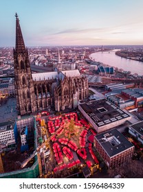 Cologne Germany Christmas Market, Aerial Drone View Over Cologne Rhine River Germany