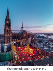 Cologne Germany Christmas Market, Aerial Drone View Over Cologne Rhine River Germany