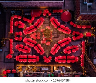 Cologne Germany Christmas Market, Aerial Drone View Over Cologne Rhine River Germany